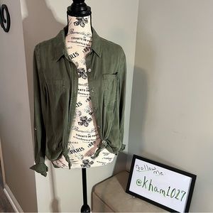 Calvin Klein Army Green Blouse Size Medium with Roll Up Tab Sleeves